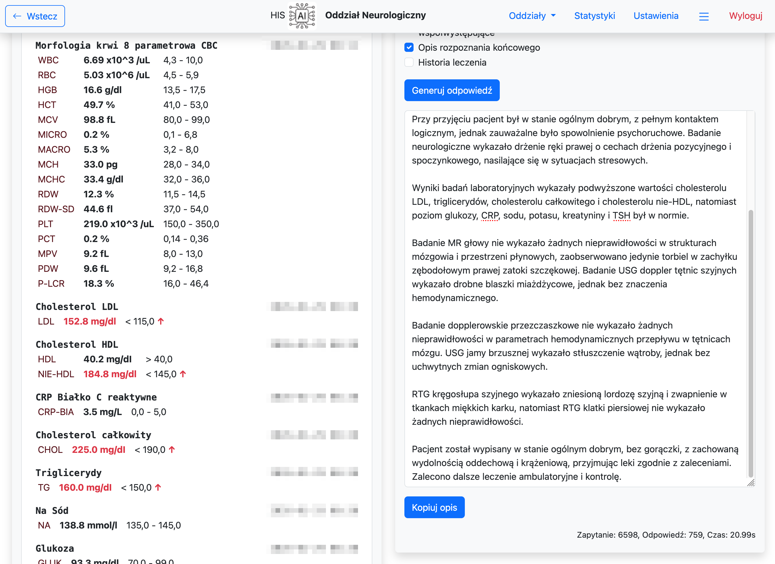 Widok pobytu pacjenta - wyniki badań