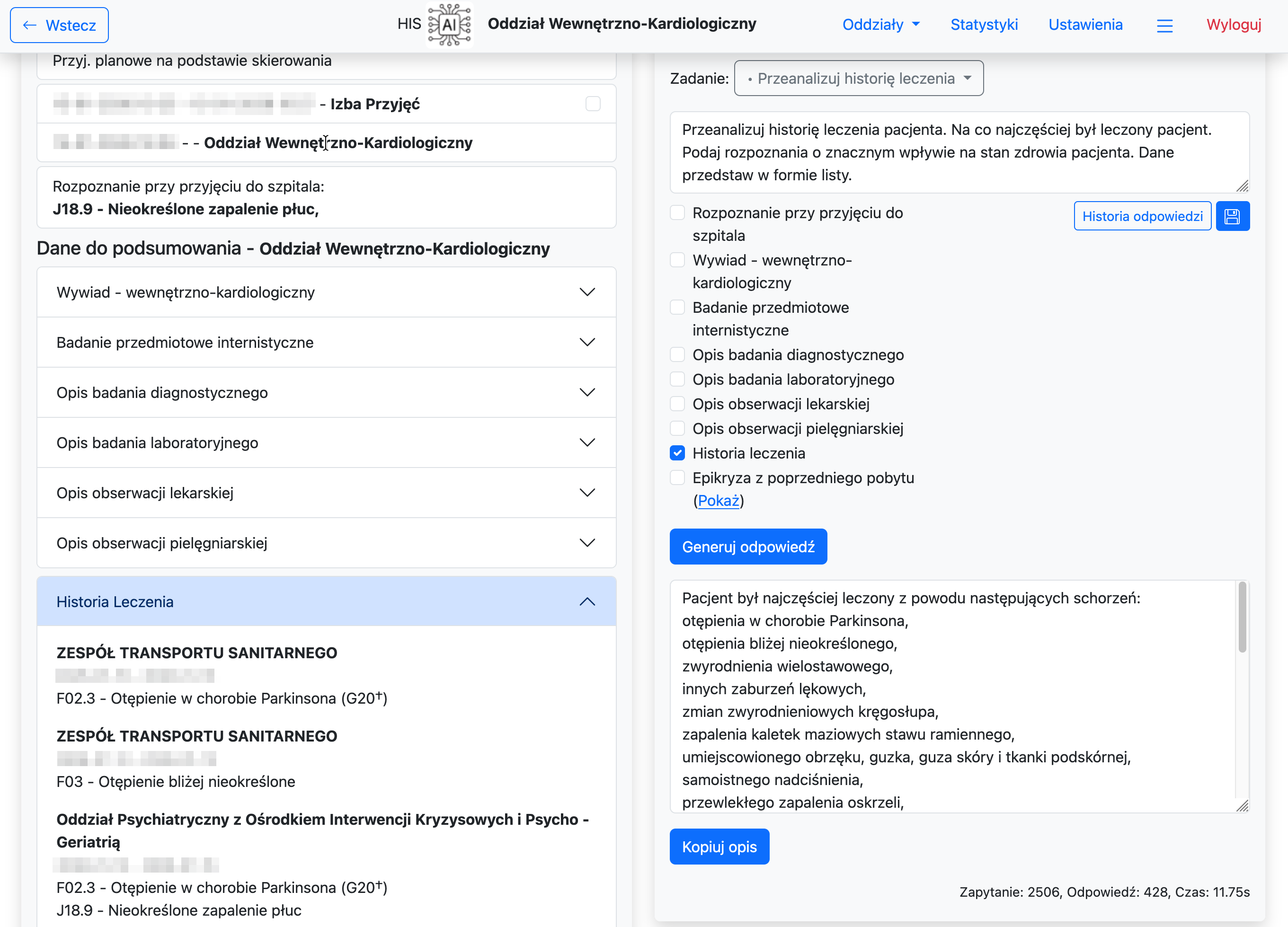 Widok pobytu pacjenta - historia leczenia